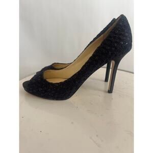 ENZO ANGIOLINI PEEP TOE BLACK SATIN GLITTER FABRIC STILETTO HEELS SIZE 8M